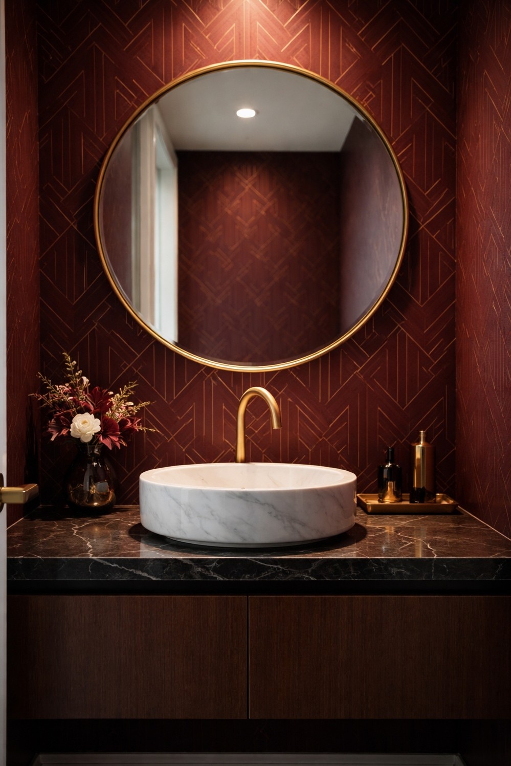 Burgundy and gold bathroom design ideas - Geometric Walls Command Bathroom Attention - These geometric walls command attention. The burgundy wallpaper...