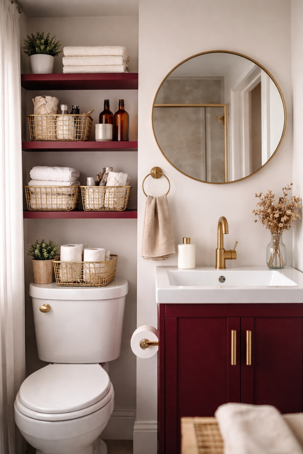 Burgundy and gold bathroom design ideas - Burgundy Shelves Really Grab Attention - These burgundy shelves really grab your attention. They're...