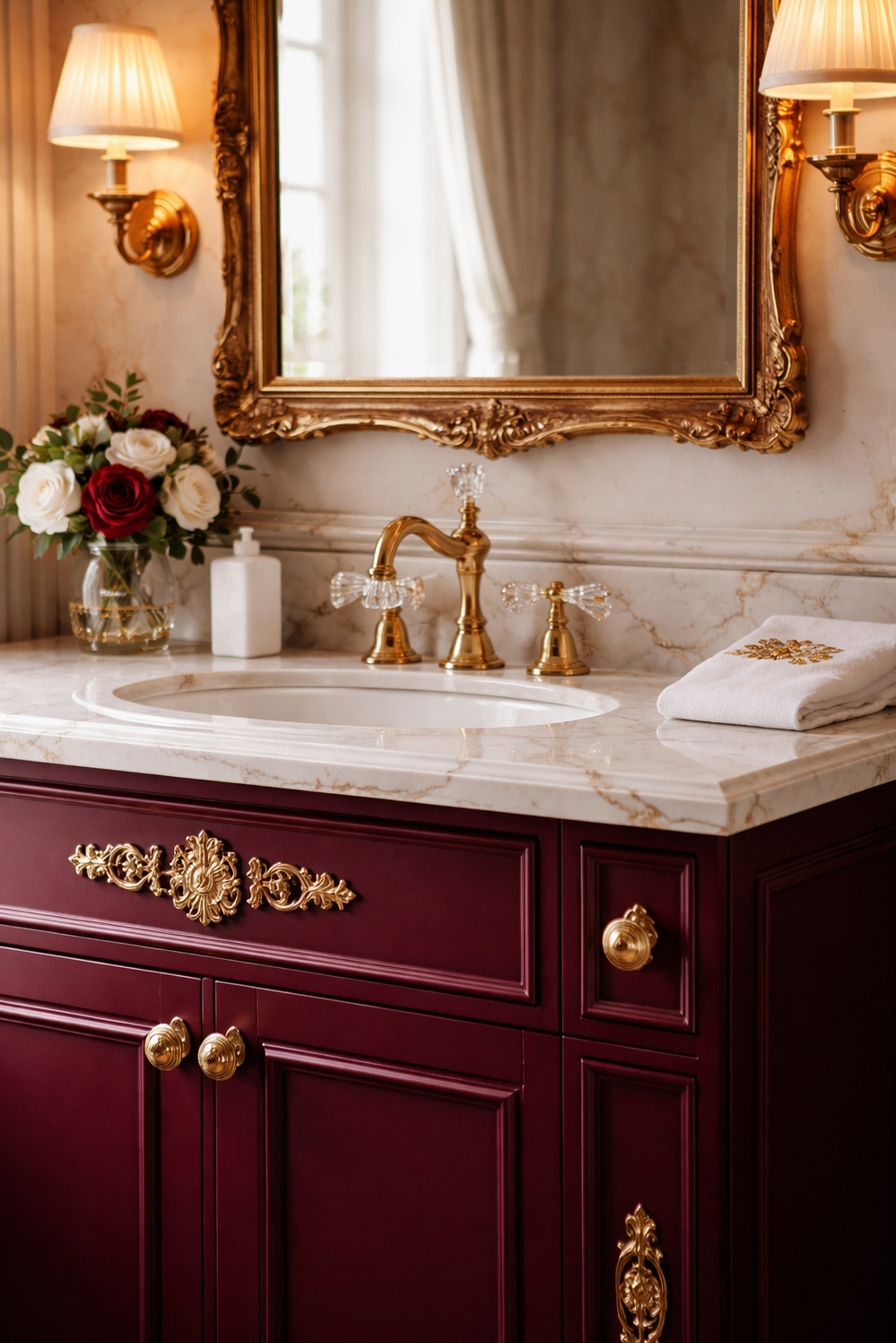 Burgundy and gold bathroom design ideas - Burgundy Cabinets Grab Bathroom Attention - These burgundy cabinets grab your attention right away....