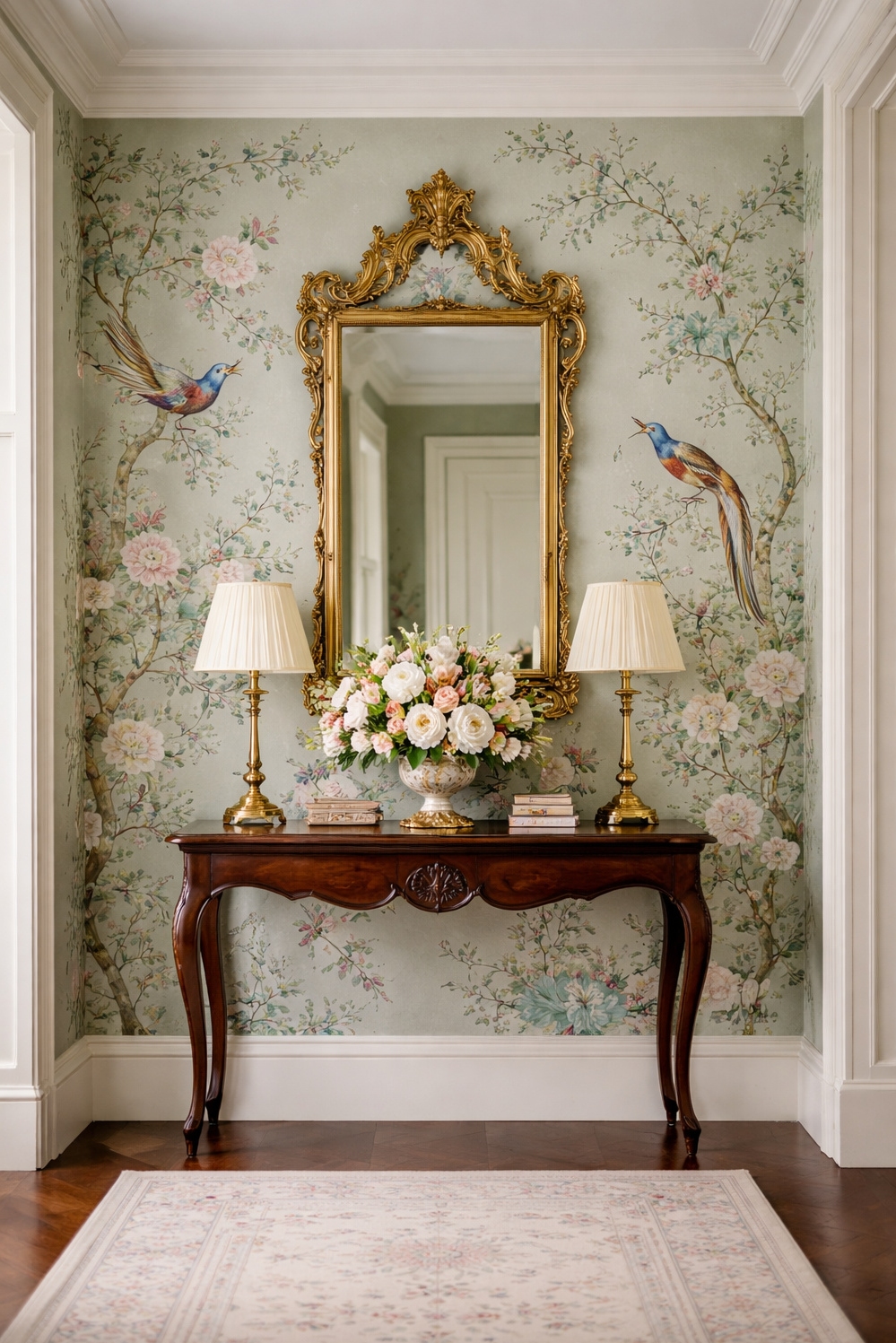 elegant wallpaper ideas - Chinoiserie Wallpaper Really Sings in Hallway - These elegant wallpaper ideas really sing in this...