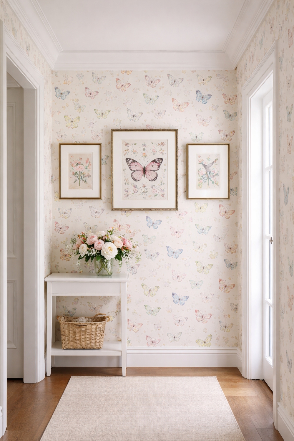 feminine wallpaper ideas - Pastel Butterflies Float Across Hallway Walls - These pastel butterflies float across the hallway wallpaper,...