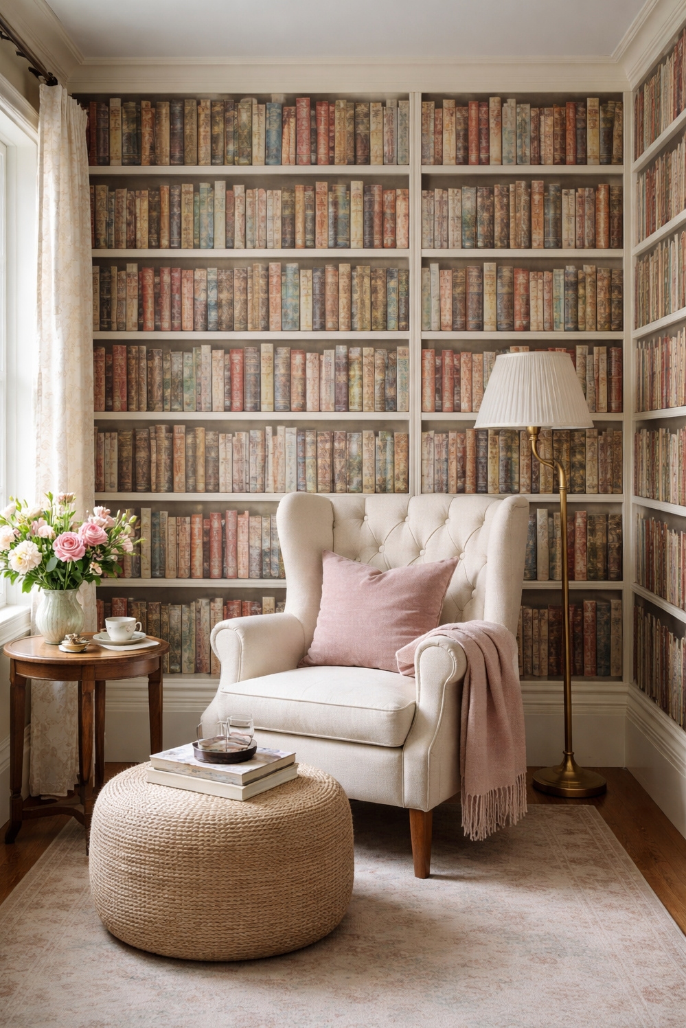 feminine wallpaper ideas - Bookshelf Pattern Creates Home Library Charm - The bookshelf pattern wallpaper in this home library...