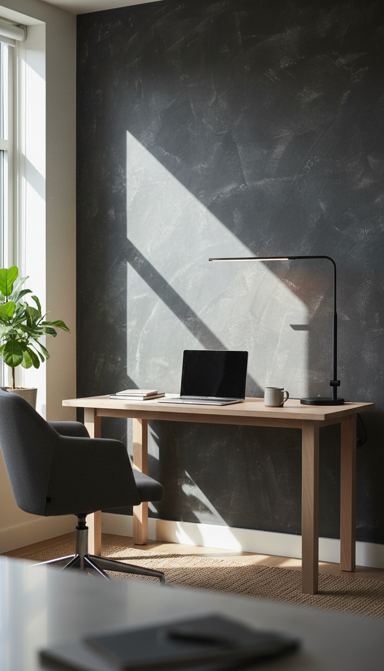 feature wall with lime-wash texture - Charcoal Gray Lime Wash Makes Statement - The charcoal gray lime wash feature wall makes...