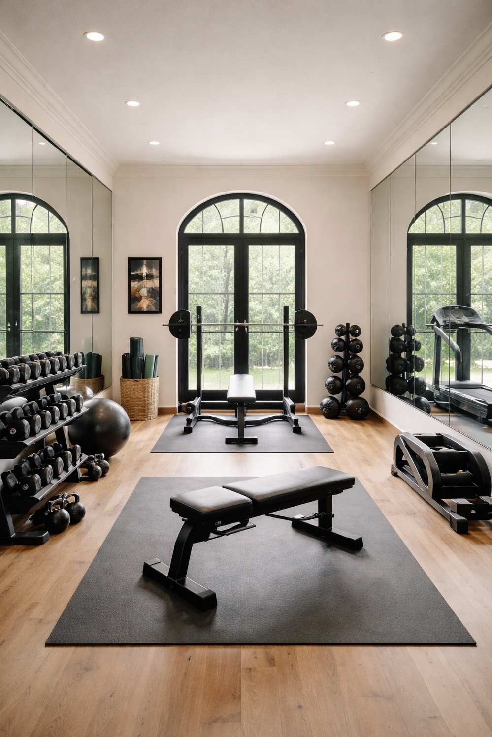 arched windows ideas - Soft Curve Meets Angular Gym Equipment - These arched windows bring a soft curve to...