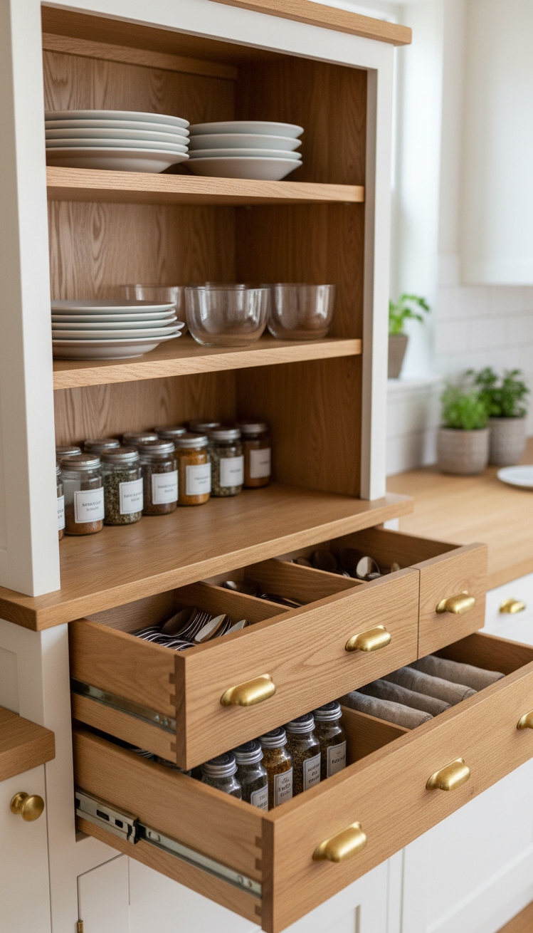 Countertop Hutch for kitchen storage - Adjustable Shelves: Handy Hutch Design - These adjustable shelves inside the countertop hutch look...