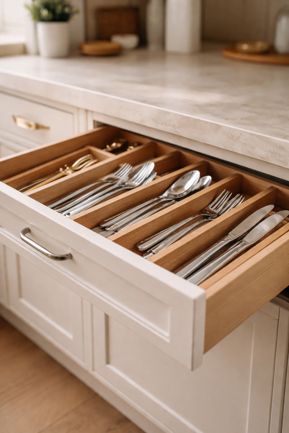 Beige and Cream Kitchen Cabinets - Calm Kitchen: Beige Drawers Offer Organization - These kitchen drawers, featuring beige and cream cabinets,...