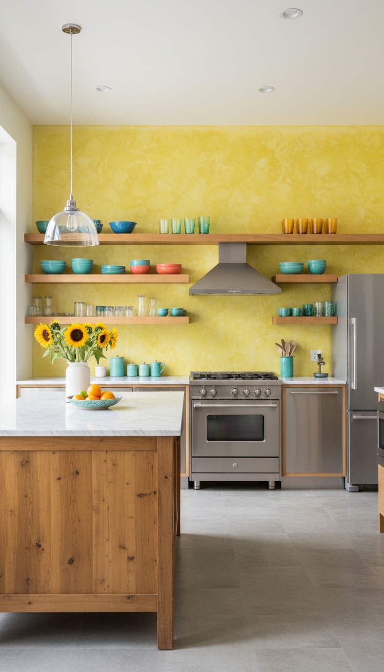 feature wall with lime-wash texture - Bright Walls Bring Sunshine to Kitchen - These walls featuring a lime wash texture bring...