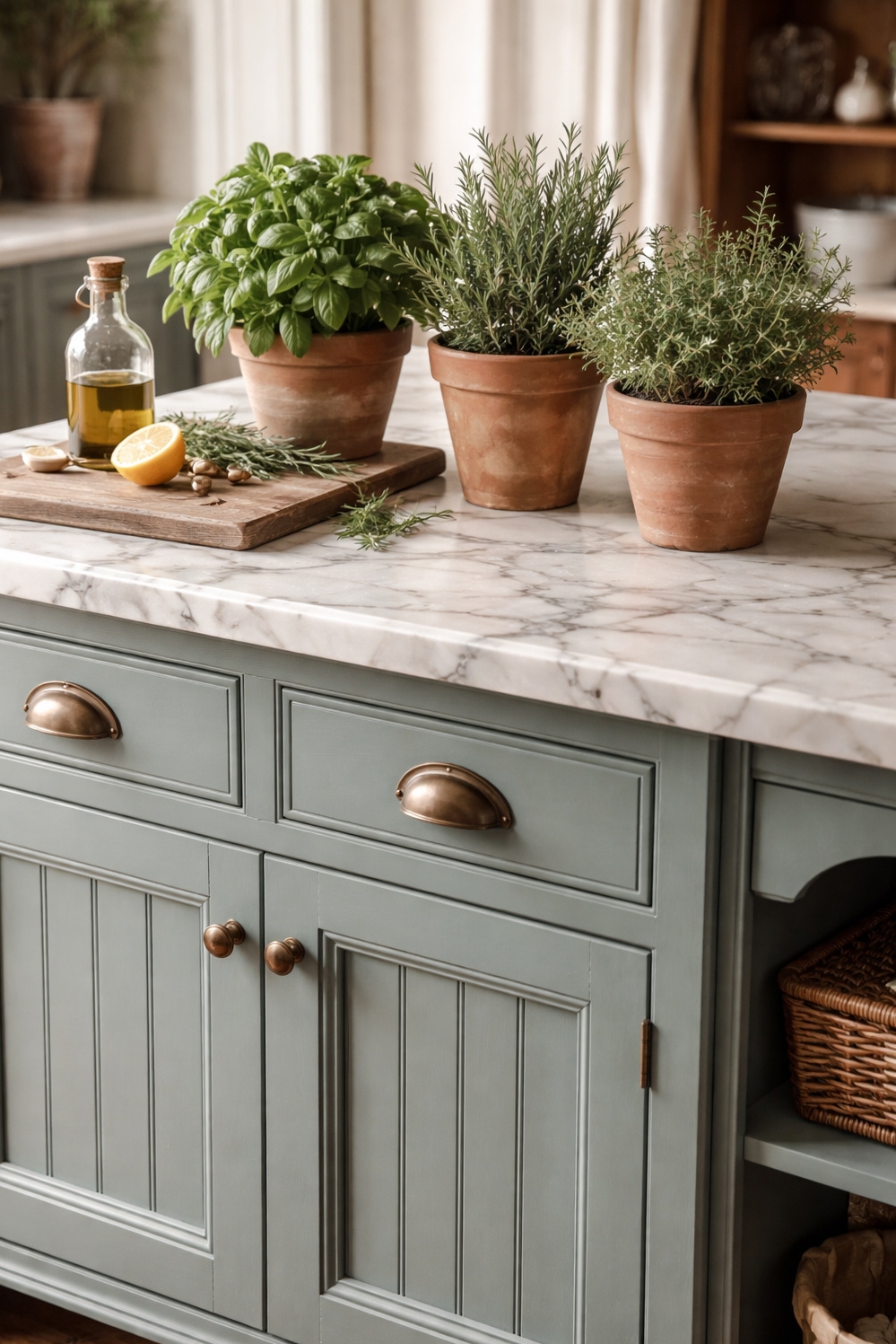 Muted French Country Color ideas - Muted Teal Kitchen Island Anchors - The kitchen island, painted a muted teal, anchors...
