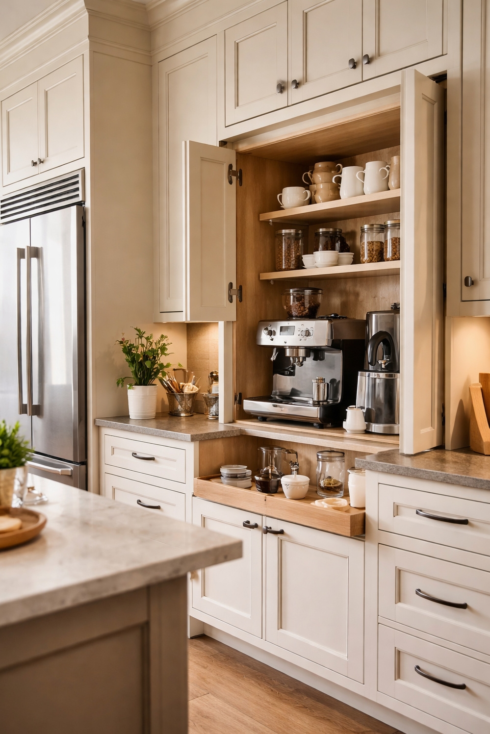 Beige and Cream Kitchen Cabinets - Soft Lighting Makes Beige Cabinets Glow - These cream kitchen cabinets practically glow. The soft...