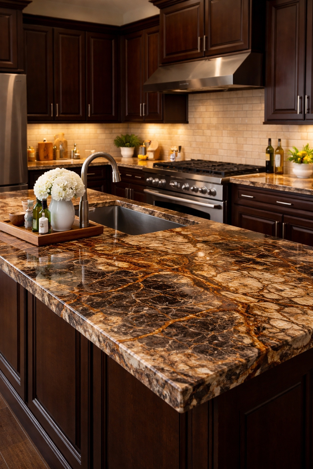Bold Veined Kitchen Countertops - Warm Brown Granite Commands Attention - These bold veined countertops command attention. The warm...