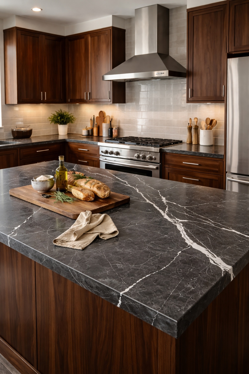 Bold Veined Kitchen Countertops - Dark Veined Concrete Commands Attention - These bold veined kitchen countertops command attention. The...