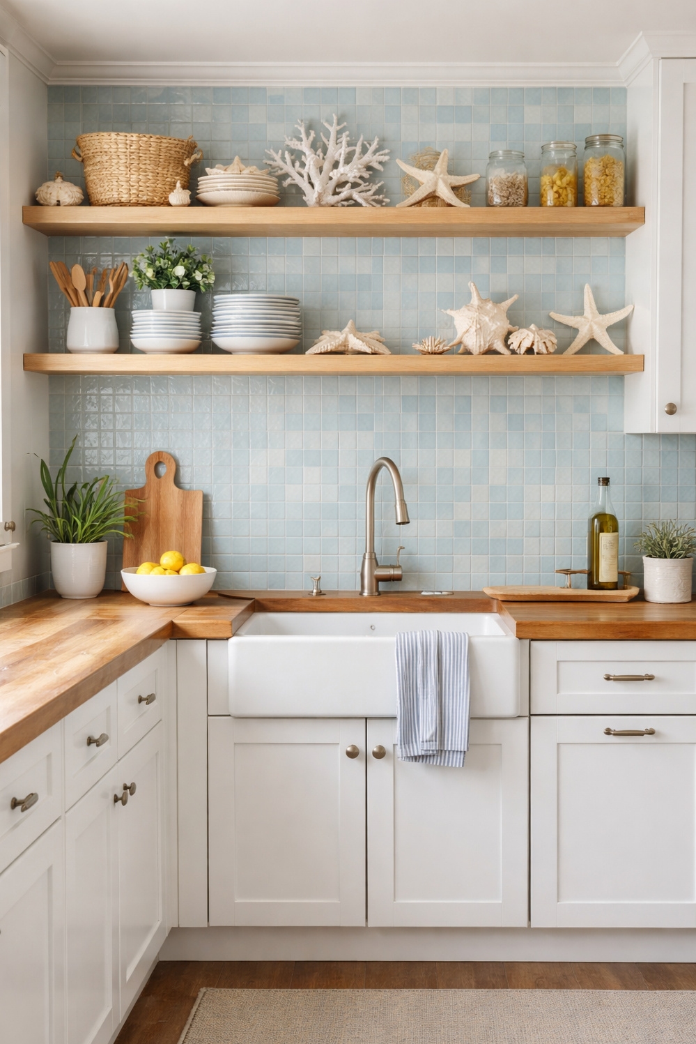 Zellige Tiles Kitchen backsplash ideas - Coastal Style: Beautiful Blue Zellige Backsplash - These light blue Zellige tiles create a beautiful...