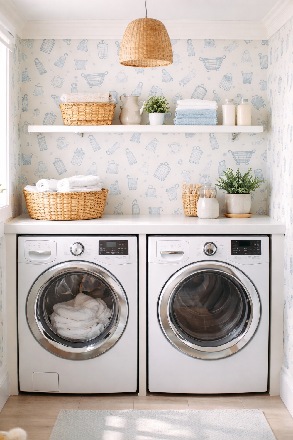 feminine wallpaper ideas - Playful Pattern Grabs Laundry Room Attention - The laundry room wallpaper, featuring a playful pattern,...