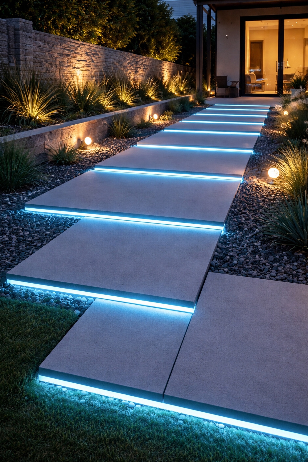 walkway lighting ideas - Sleek Concrete Pavers, Embedded Lighting - These concrete pavers create a sleek walkway, and...
