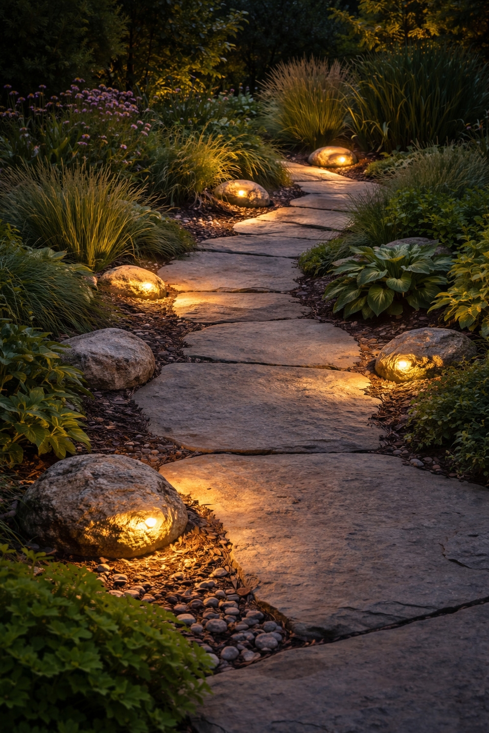 walkway lighting ideas - Walkway Lights Designed to Mimic Rocks - These walkway lights, designed to mimic rocks, sit...