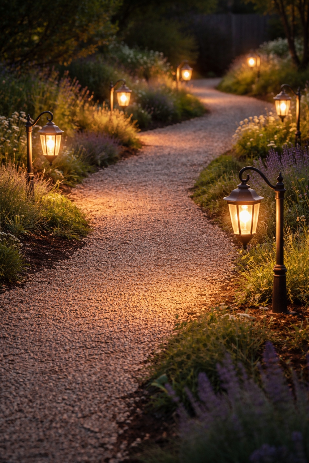 walkway lighting ideas - Vintage Lantern Lights Stand Guard - These vintage-style lantern lights stand guard along the...