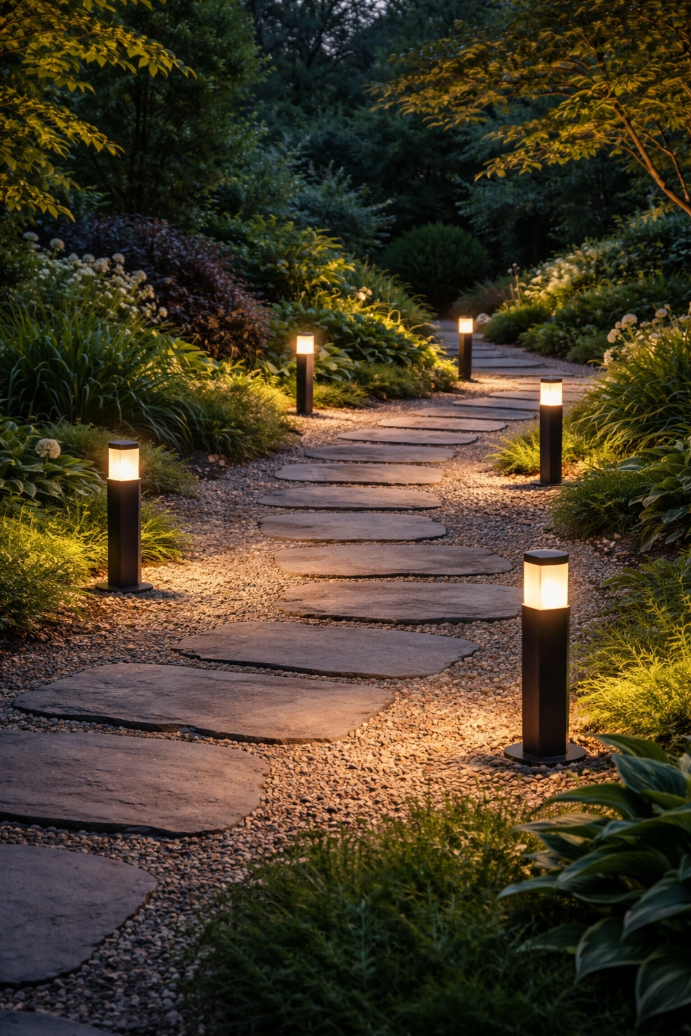 walkway lighting ideas - Modern Bollard Lights: Soft Walkway Glow - These modern bollard lights create a soft glow...