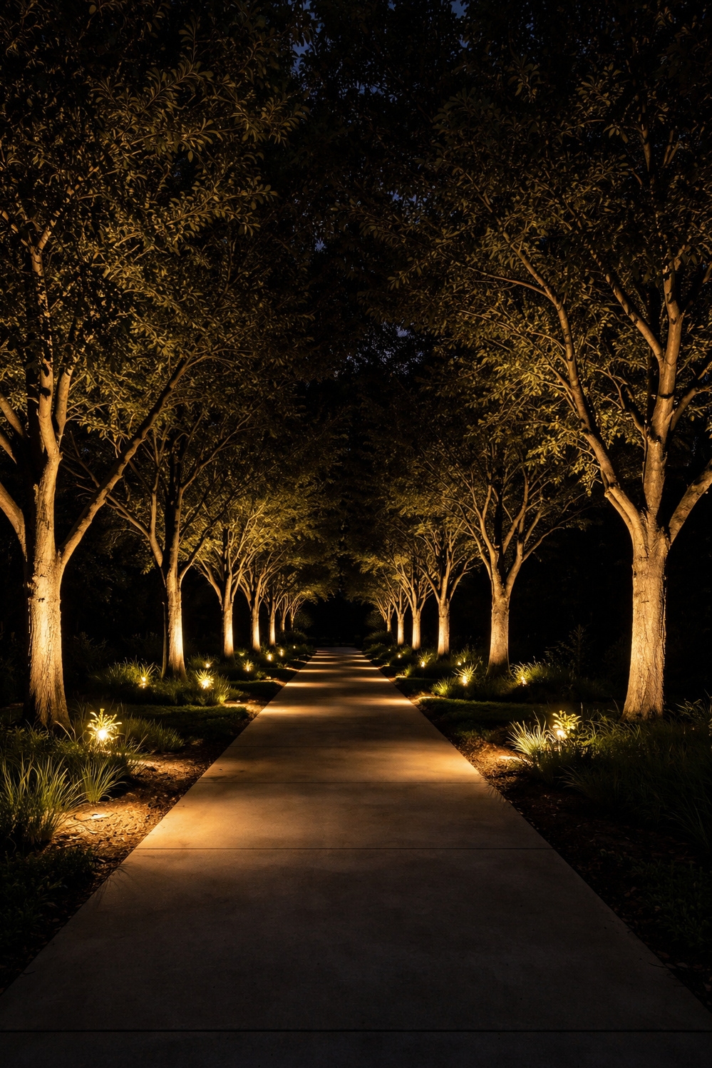 walkway lighting ideas - Dramatic Spotlights Create Pathway Scene - These low-voltage spotlights create a dramatic scene. The...