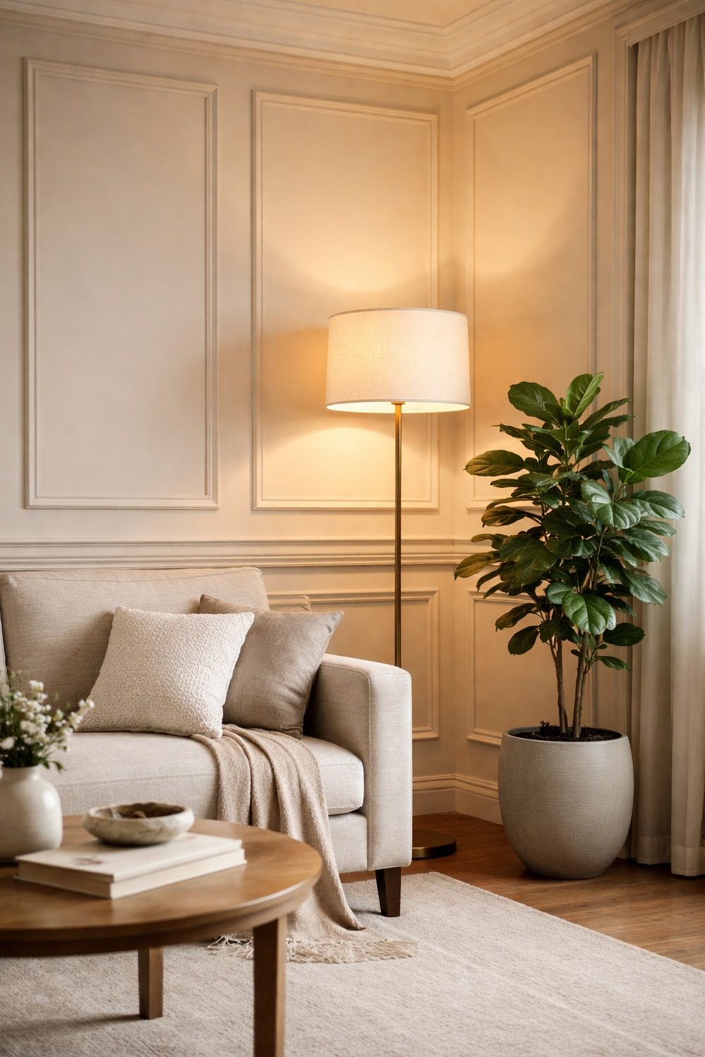 neutral wainscoting panels for living rooms - Create a Serene Living Room Backdrop - These neutral wainscoting panels create a serene backdrop...