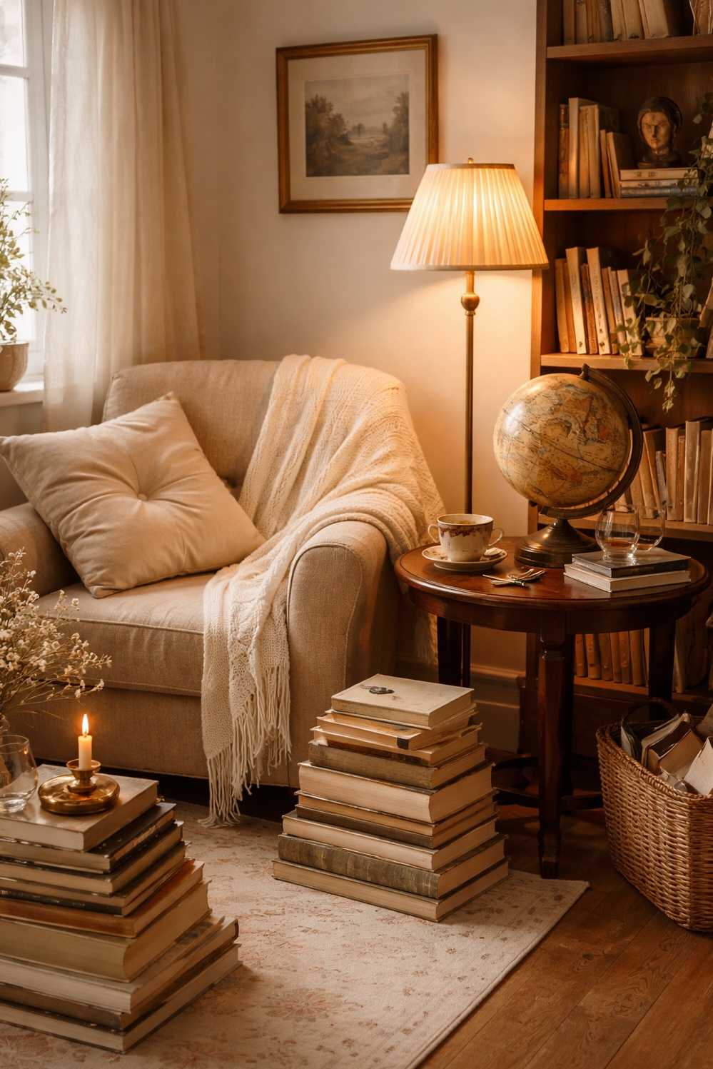 light academia decor ideas - Stacked Books Anchor Light Academia Living - These stacked books anchor the light academia living...