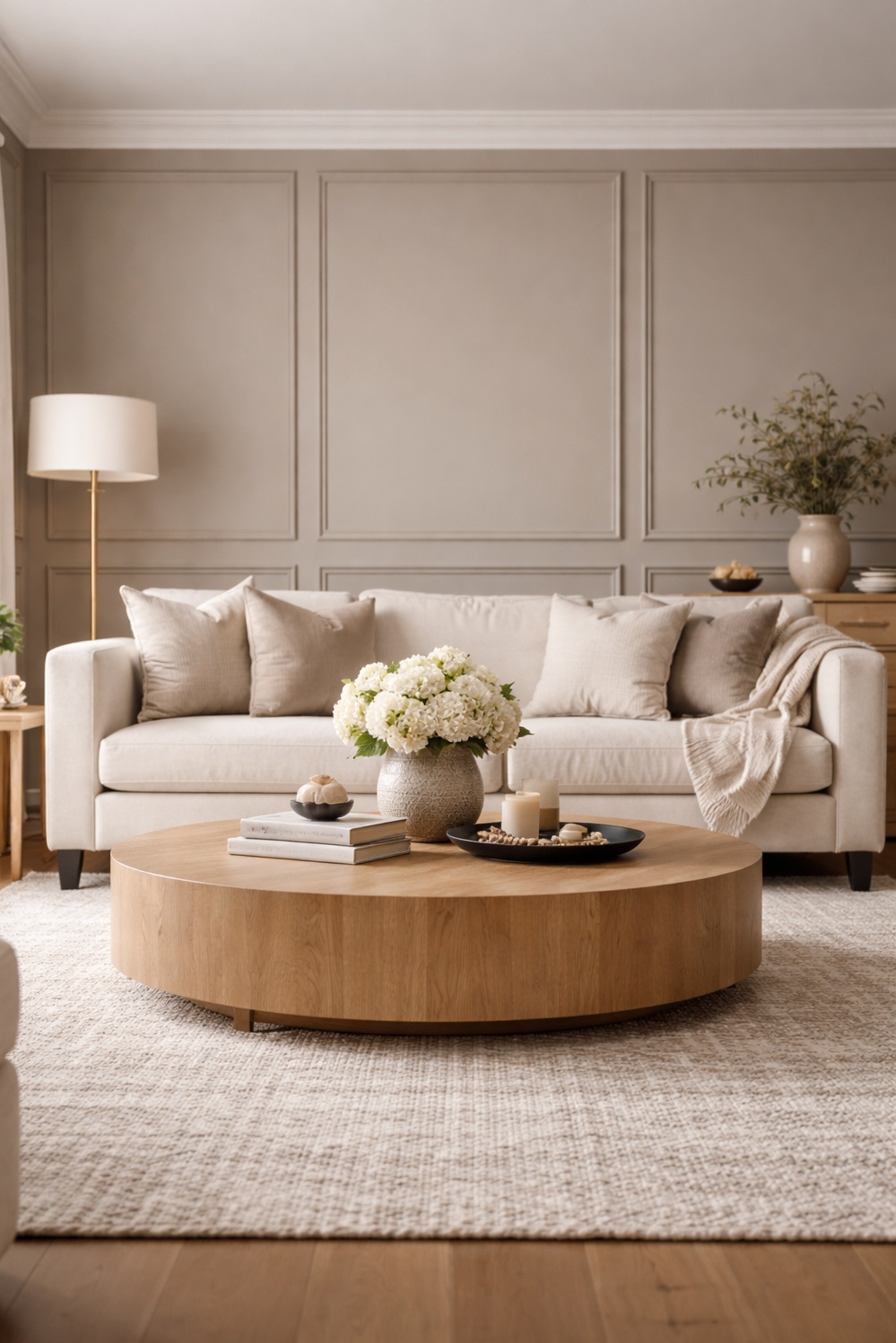 neutral wainscoting panels for living rooms - Warm Gray Wainscoting: Serene Room Backdrop - These neutral wainscoting panels create a serene backdrop...