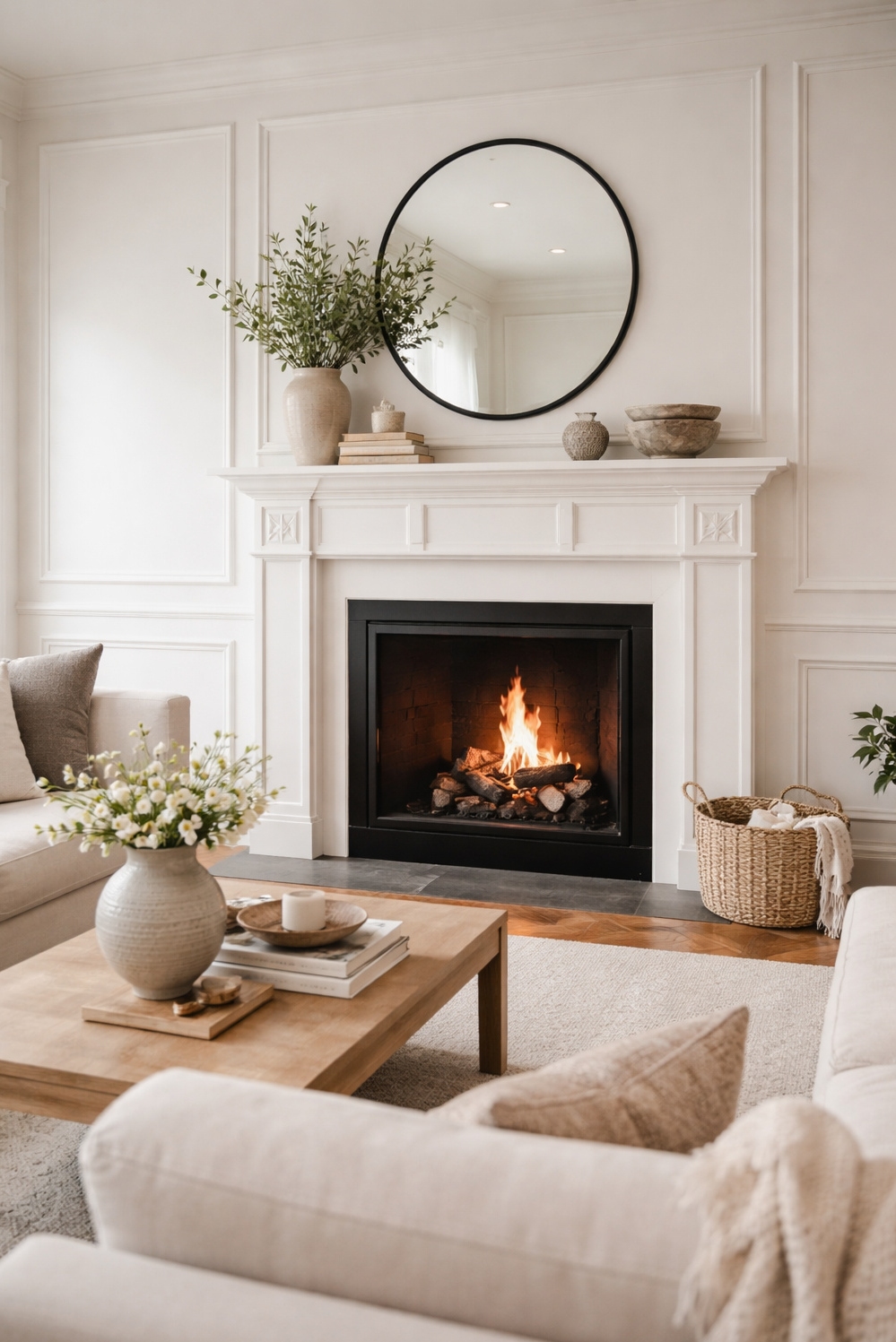 neutral wainscoting panels for living rooms - Warm White Wainscoting: Quiet Room Elegance - These neutral wainscoting panels bring a quiet elegance...