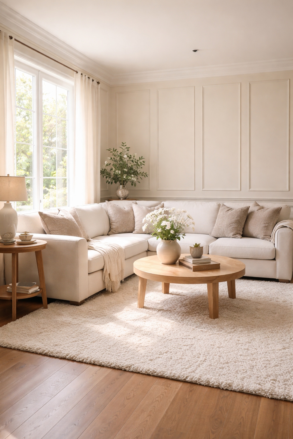 neutral wainscoting panels for living rooms - Neutral Wainscoting: Create a Calm Room - These neutral wainscoting panels in this living room...