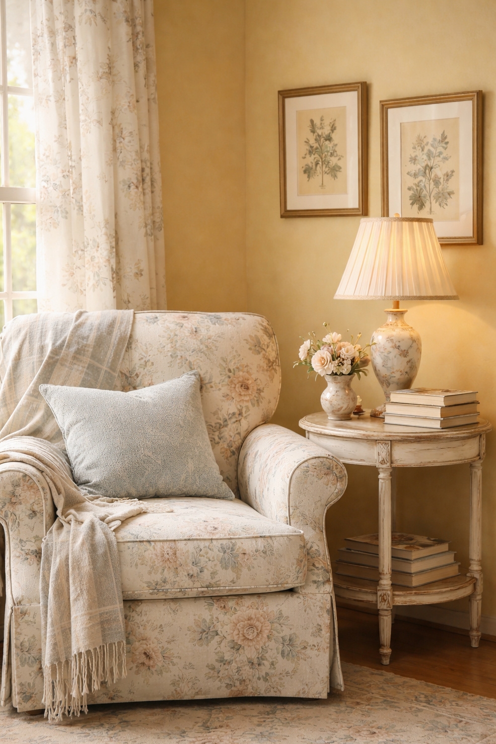 Muted French Country Color ideas - Warm Muted Yellow Living Room Walls - The warm, muted yellow walls in this living...