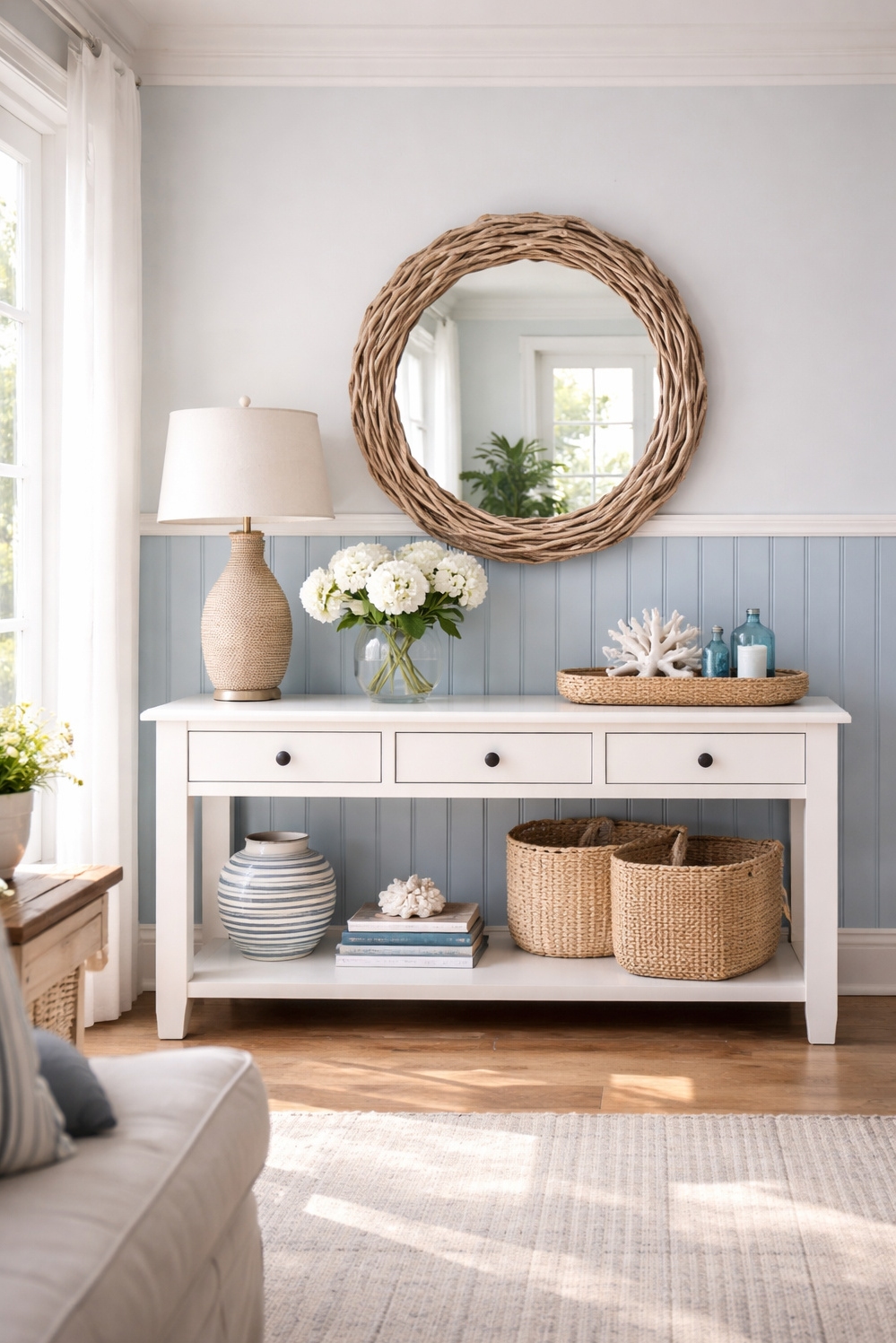 living room wall paneling ideas - Light Blue Beadboard Living Room Panels - These light blue beadboard panels on the lower...