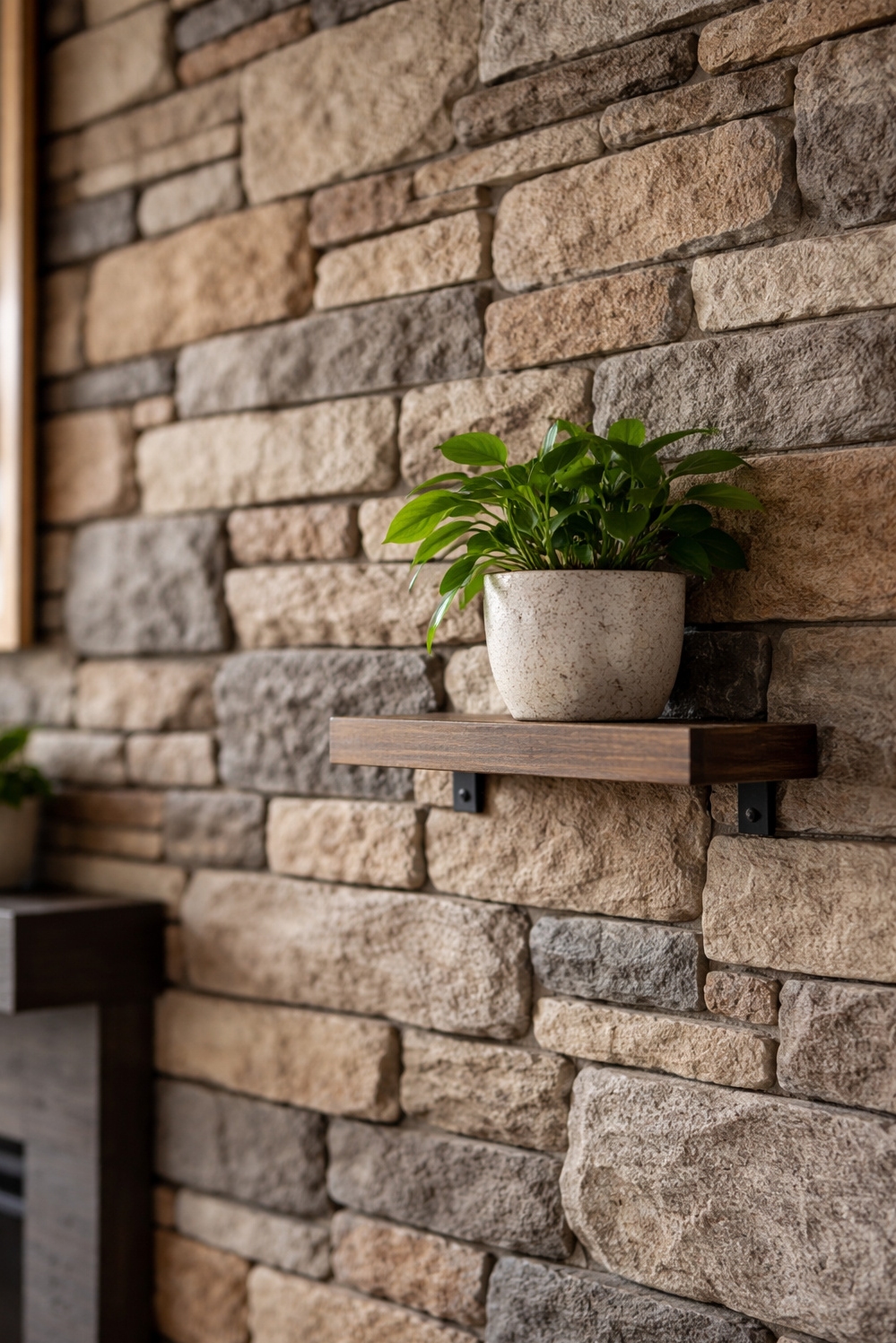 living room wall paneling ideas - Faux Stone Panels Bring Rustic Vibe - These faux stone wall panels bring a rustic...