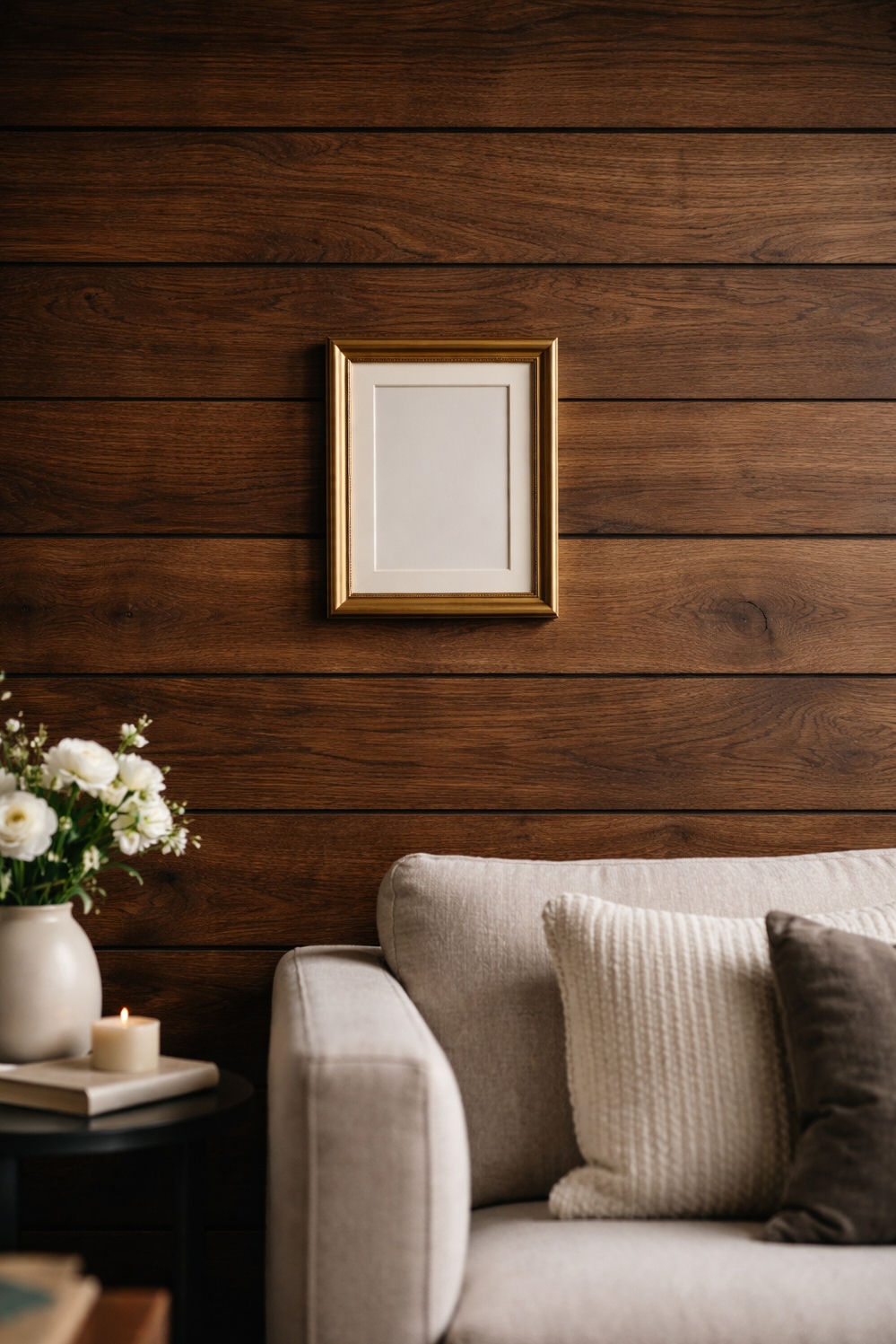 living room wall paneling ideas - Dark Wood Planks Create Striking Backdrop - These dark wood planks create a striking backdrop....