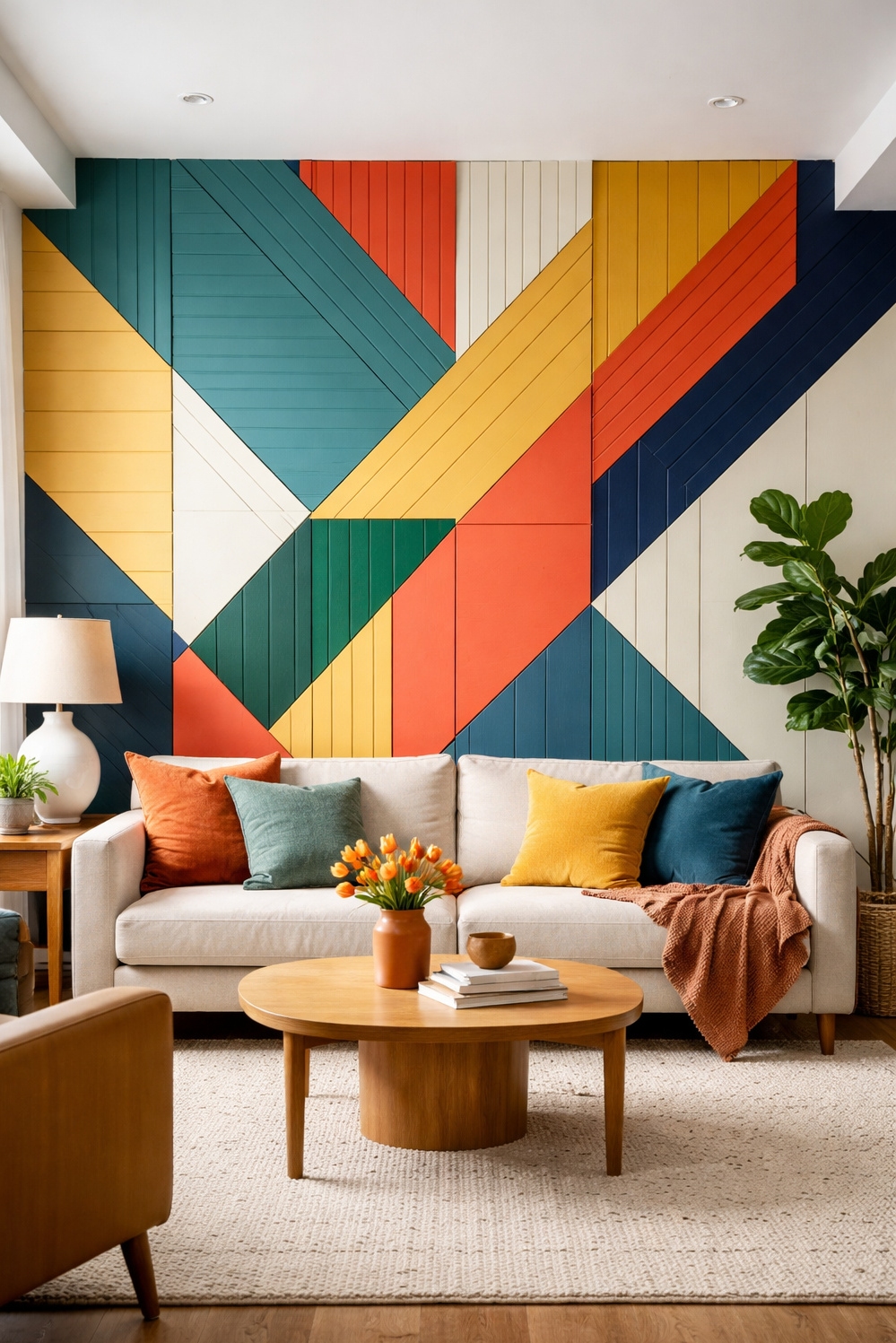 living room wall paneling ideas - Painted Wood Panels Create Geometric Party - These painted wood panels create a geometric party...