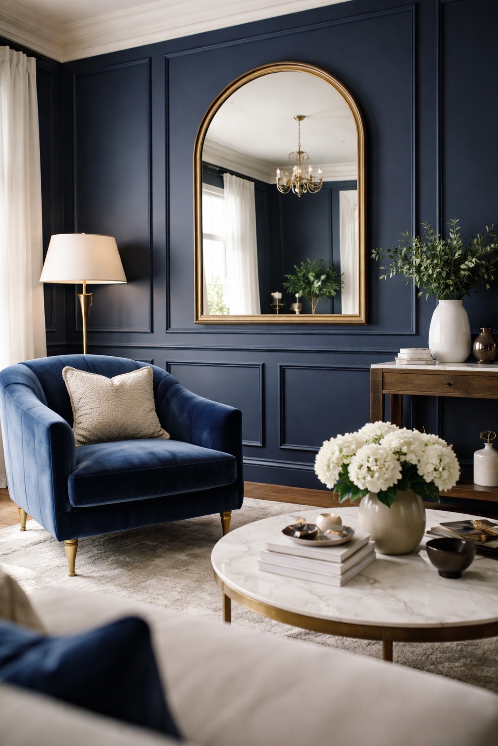 living room wall paneling ideas - Navy Walls Command Living Room Attention - These navy blue walls command attention. The floor-to-ceiling...