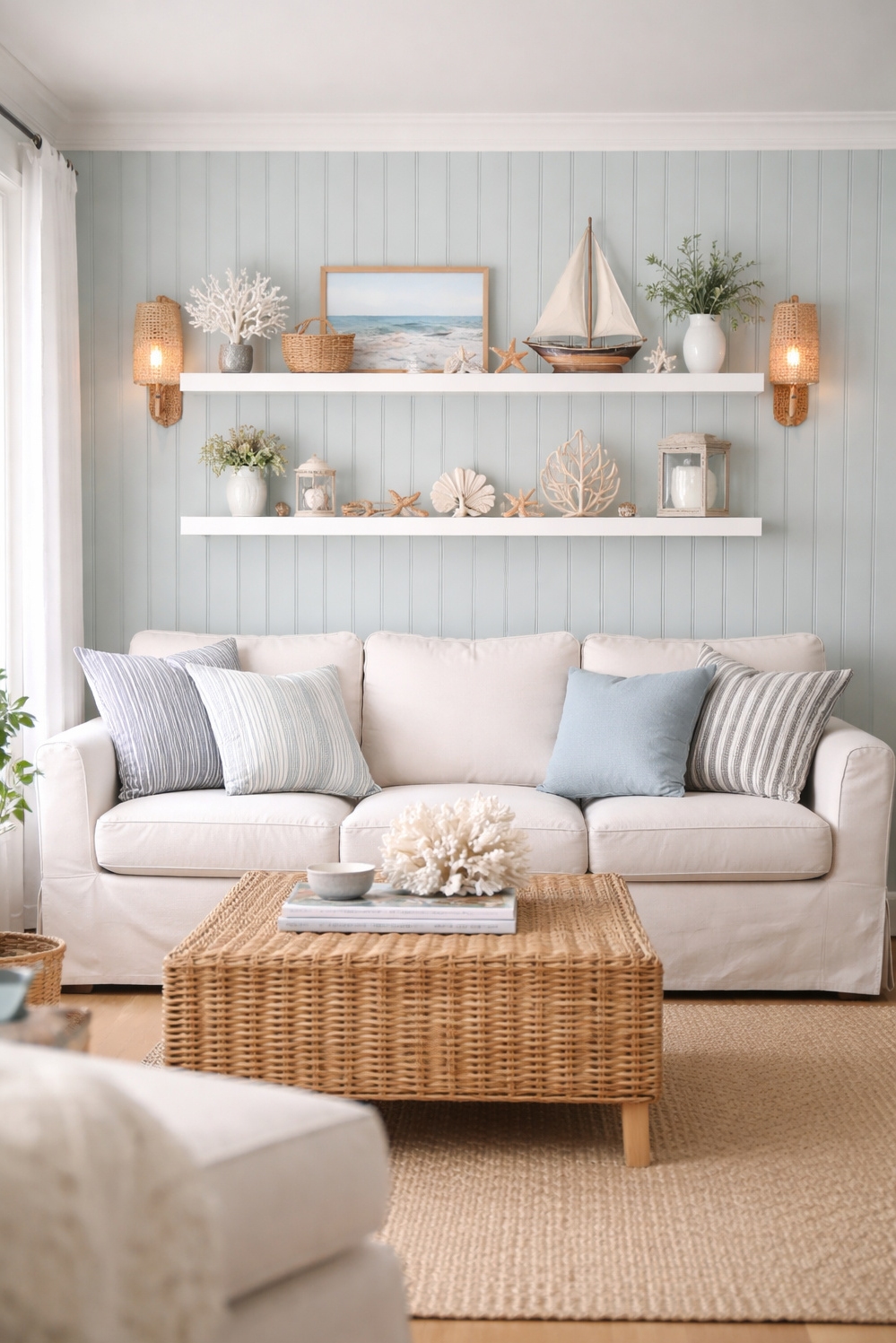 living room wall paneling ideas - Light Blue Walls, Beadboard Texture - These light blue walls sing of the sea....