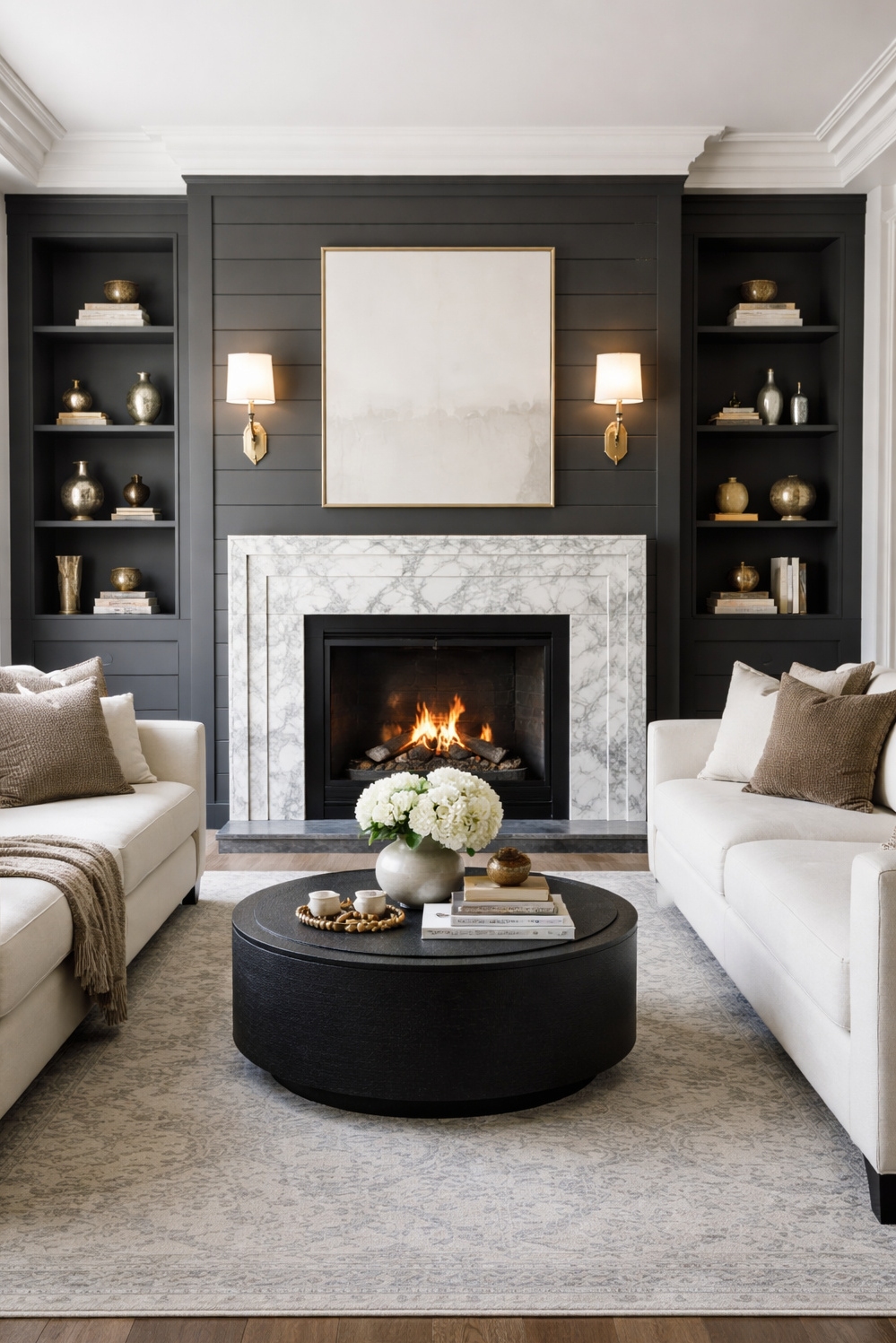 living room wall paneling ideas - Dark Shiplap Panels Create Cozy Mood - These dark gray shiplap panels on the wall...