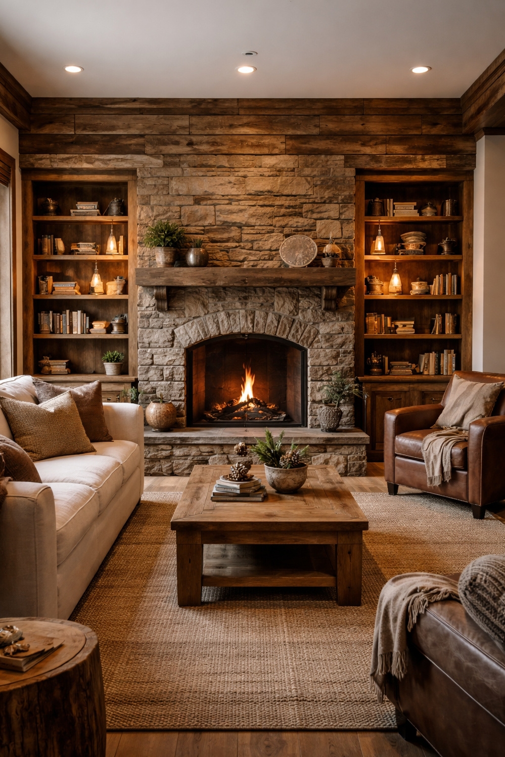 living room wall paneling ideas - Striking Wood Panels Create Warm Backdrop - These reclaimed wood panels create a striking backdrop...