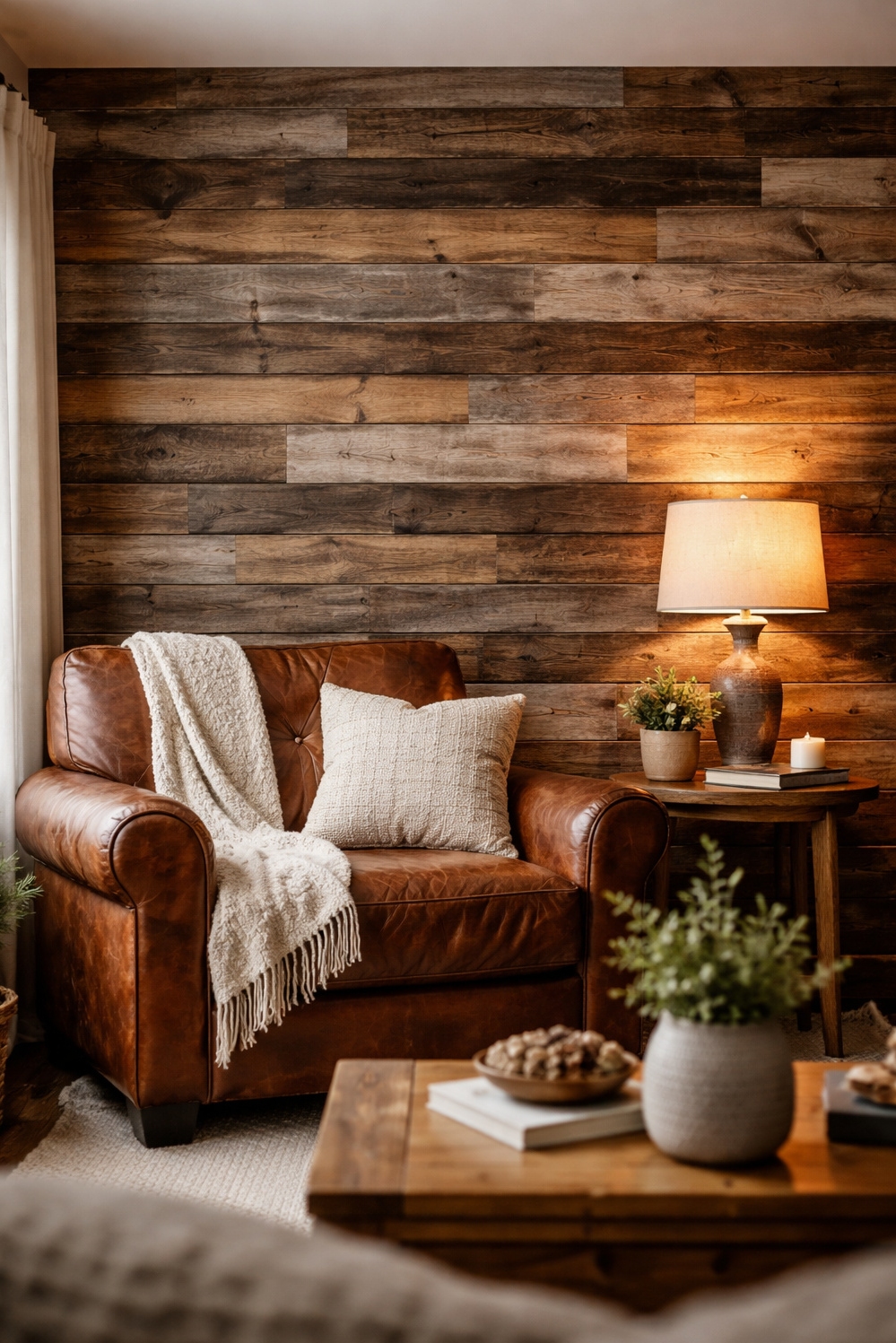 living room wall paneling ideas - Reclaimed Wood Panels Create Accent Wall - These reclaimed wood panels create a striking accent...