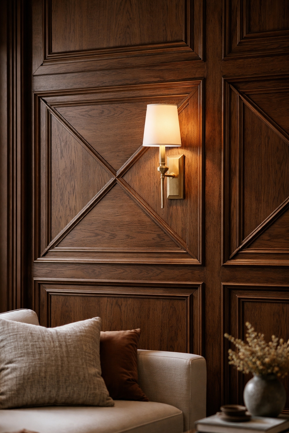 living room wall paneling ideas - Dark Walnut Wood Panels Command Attention - These dark walnut wood panels command attention. The...