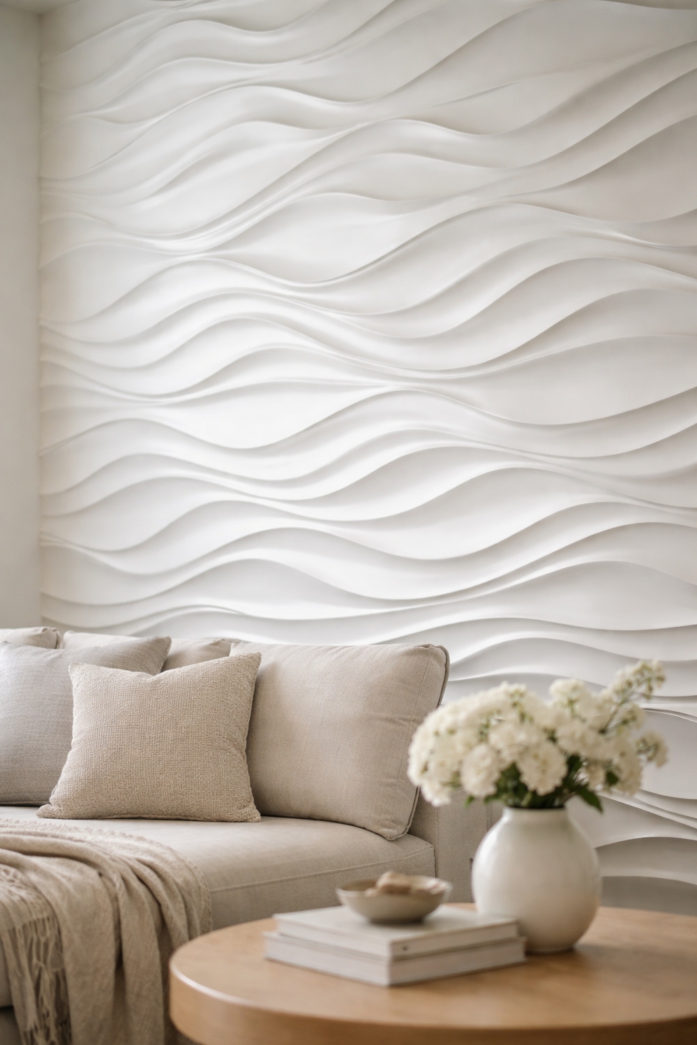 living room wall paneling ideas - Wave-Like Panels Bring Subtle Texture - These wave-like 3D wall panels bring a subtle,...