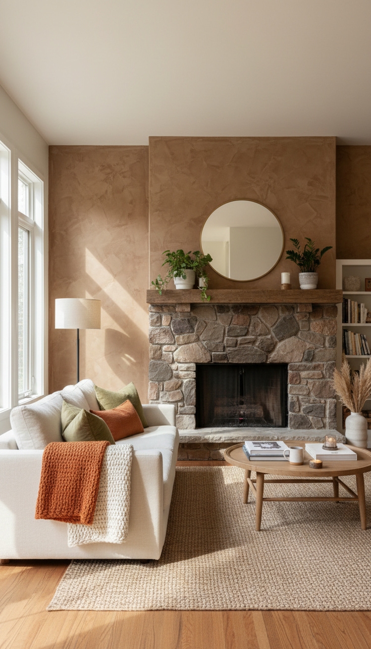 feature wall with lime-wash texture - Earthy Brown Lime-Wash Draws the Eye - The lime feature wall draws your eye right...