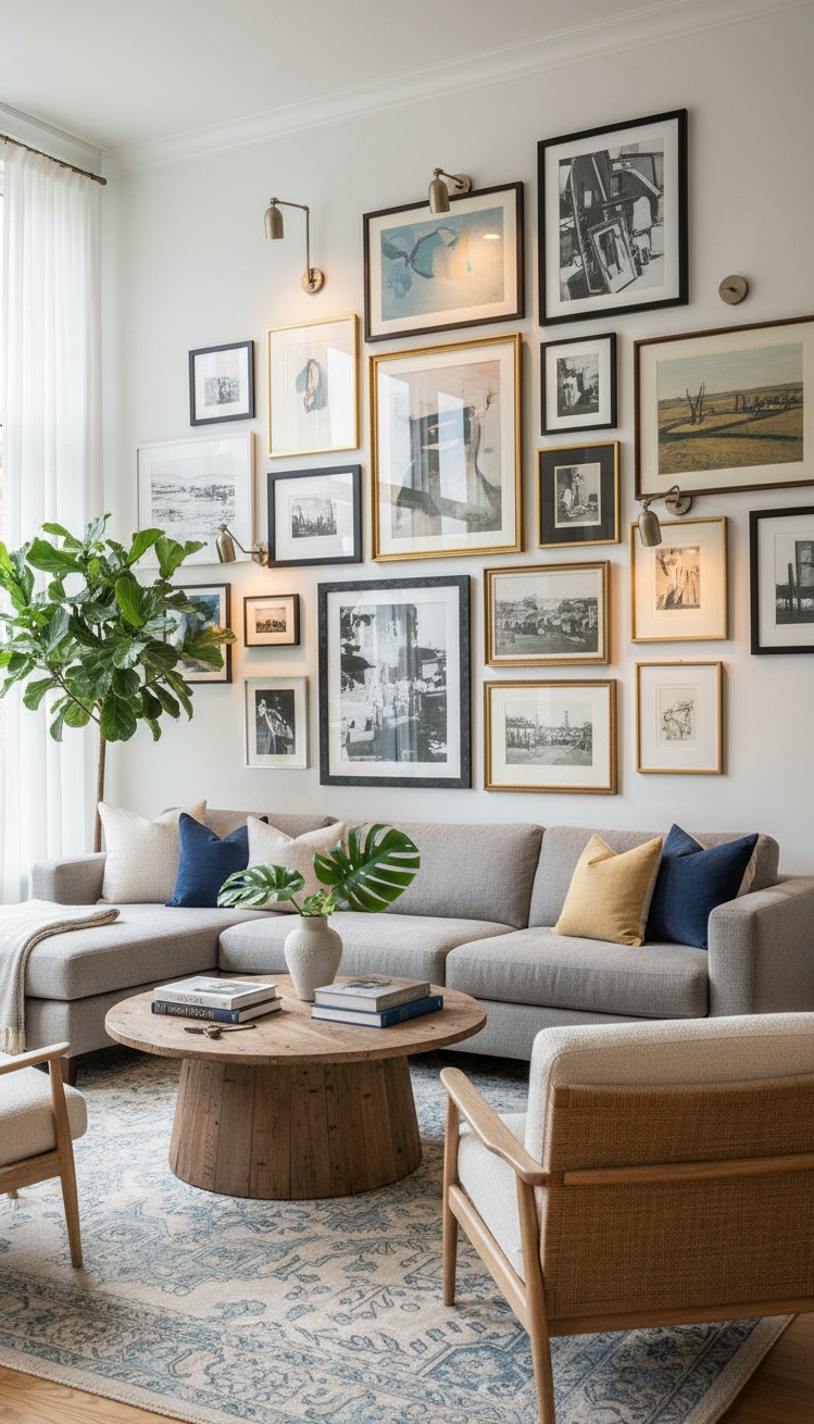 wall mounted lights living room - Adjustable Wall Lights Highlighting Gallery Art - These adjustable wall lights cast a warm glow...