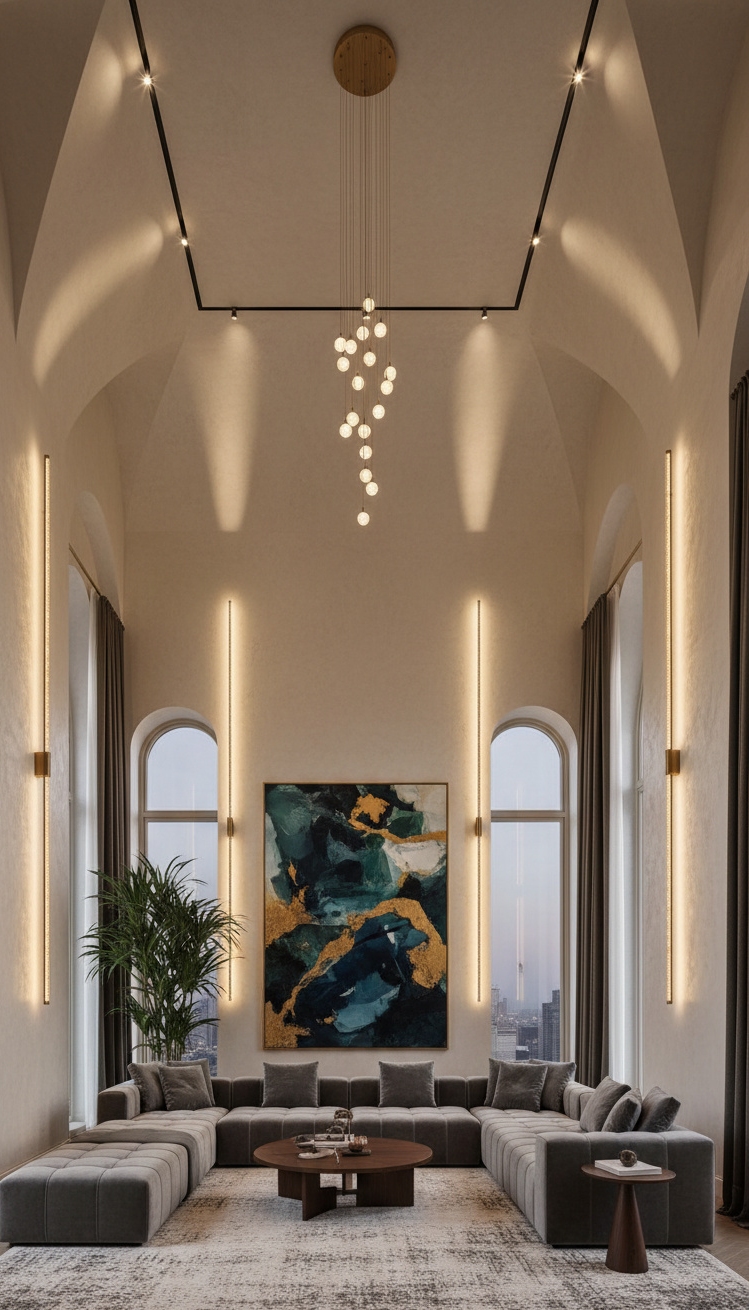 wall mounted lights living room - Tall Sconces Grab Living Room Attention - These tall sconces grab your attention right away....