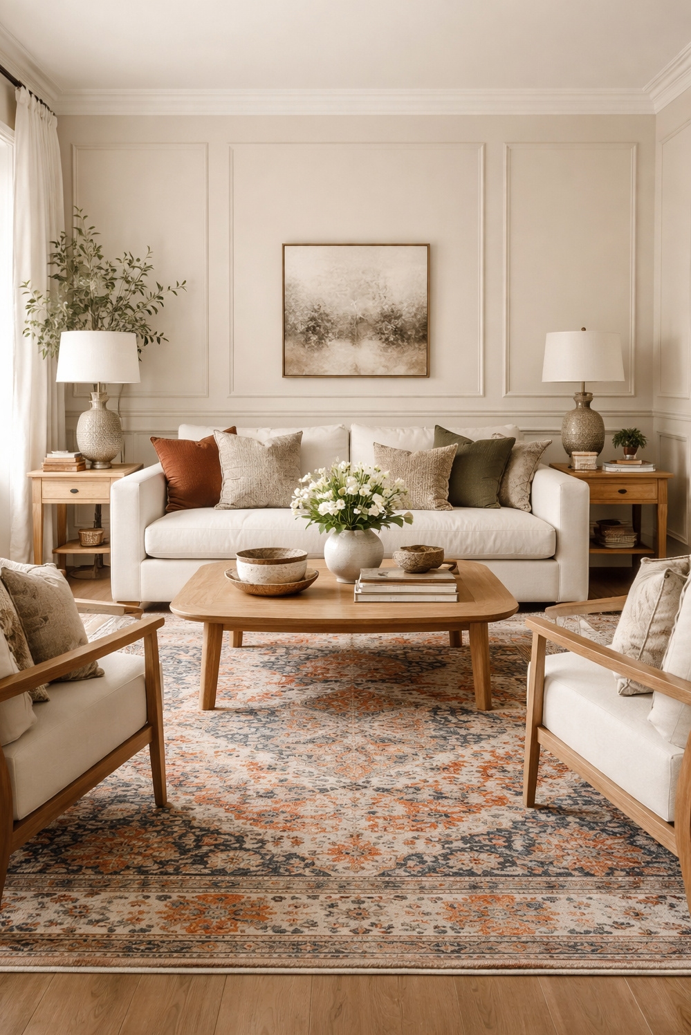 neutral wainscoting panels for living rooms - Quiet Sophistication: Beige Wainscoting Room - These neutral wainscoting panels bring a quiet sophistication...