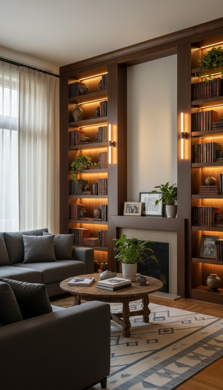 wall mounted lights living room - Wall Lights Highlighting Built Textures - These wall-mounted lights cast a warm glow, highlighting...