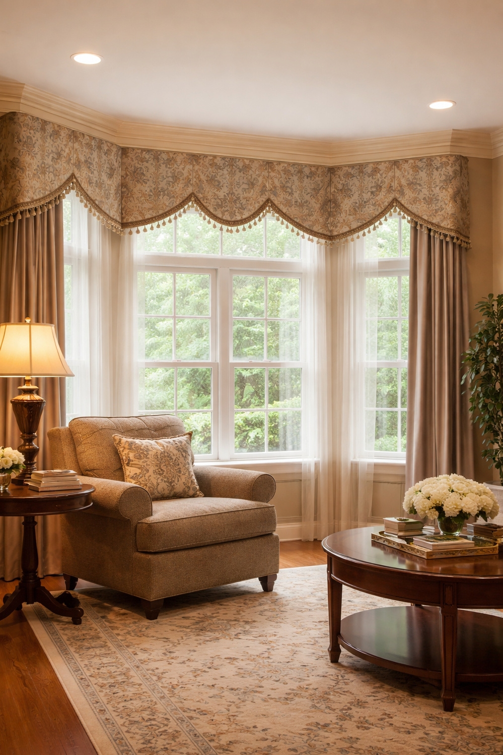 valances for living room - Arched Valances: Soften Living Room Light - These arched valances soften the light flooding through...