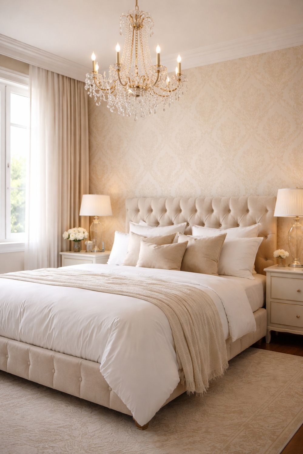 elegant wallpaper ideas - Subtle Gold Wallpaper: Luxurious Bedroom Showcased - These elegant wallpaper ideas are showcased in a...