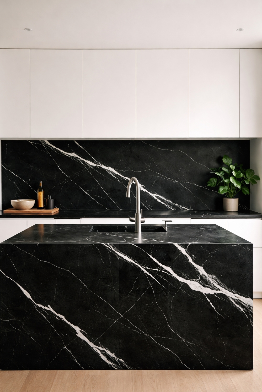Bold Veined Kitchen Countertops - Dramatic Veins Command Countertop Attention - These bold veined countertops command attention. The black...