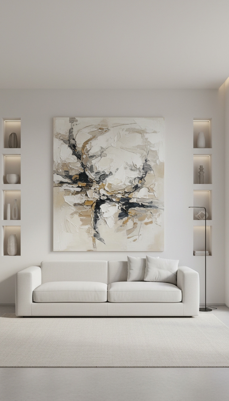 wall behind sofa design ideas - Abstract Paintings Command Sofa Wall - These abstract paintings command attention. The artwork's bold...