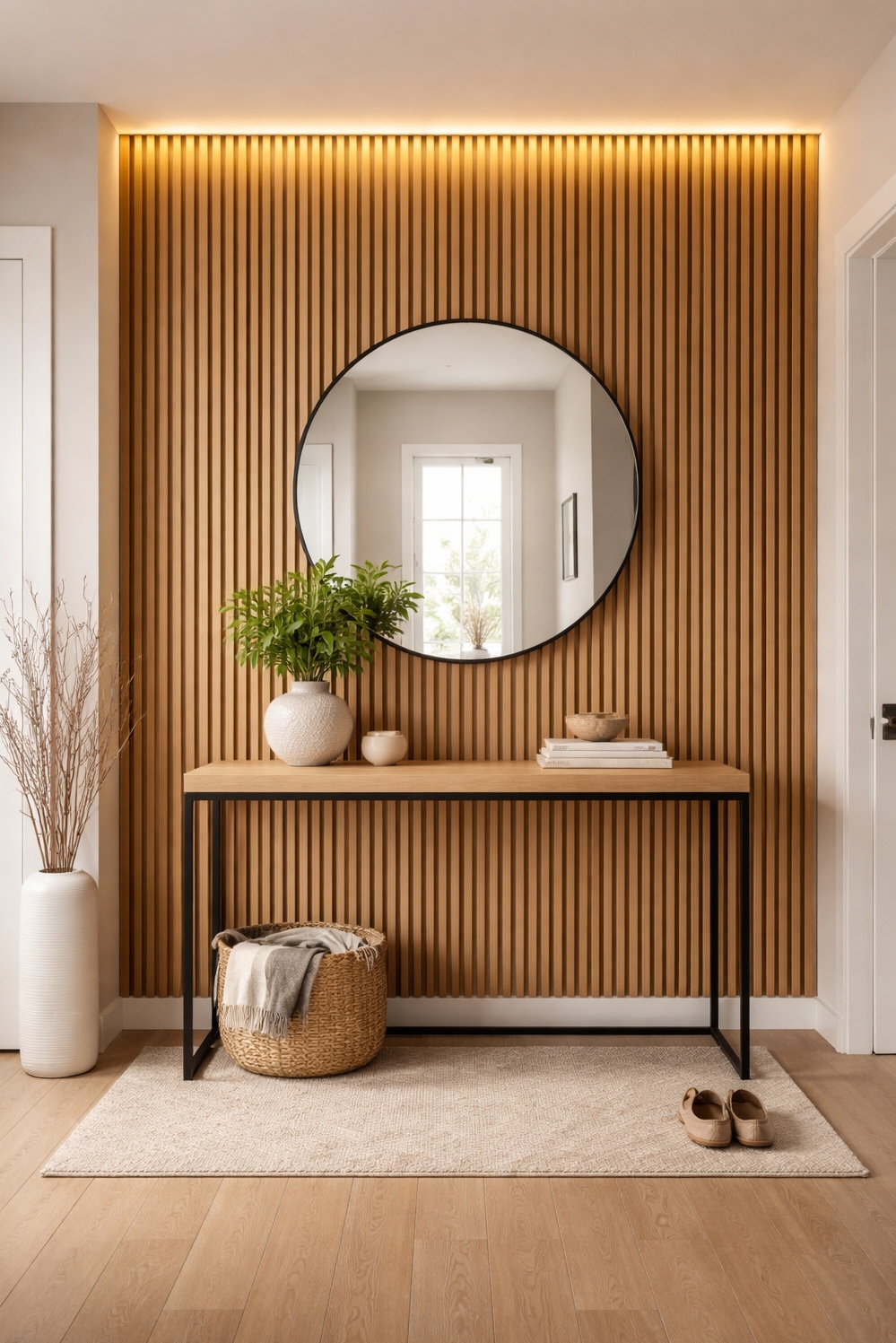 modern wood slat wall ideas - Textured Wood Slats Warm Entryway - These wood slats create a textured, warm backdrop...