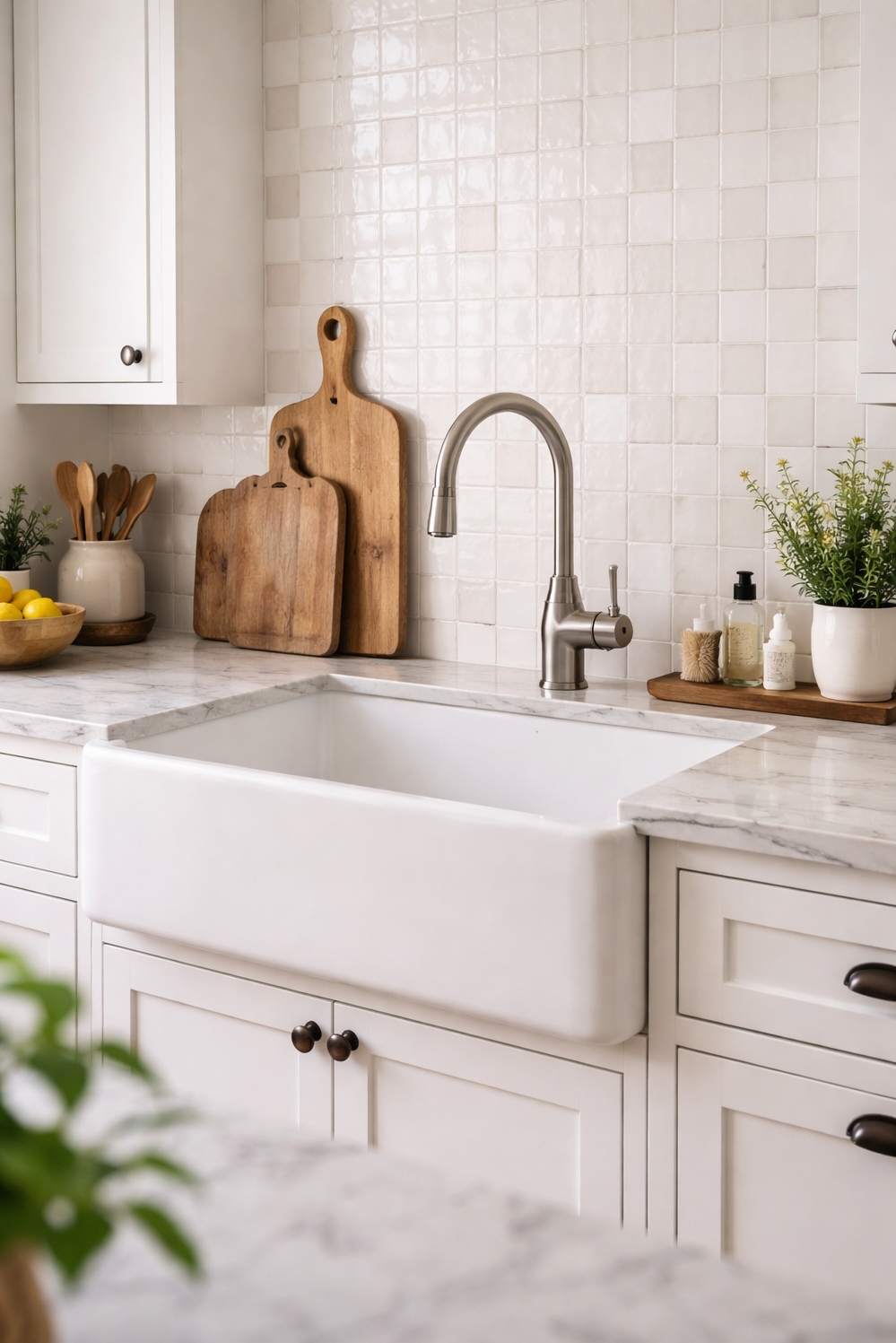 Zellige Tiles Kitchen backsplash ideas - White Zellige: Textured Kitchen Backdrop - These white zellige tiles create a textured backdrop...